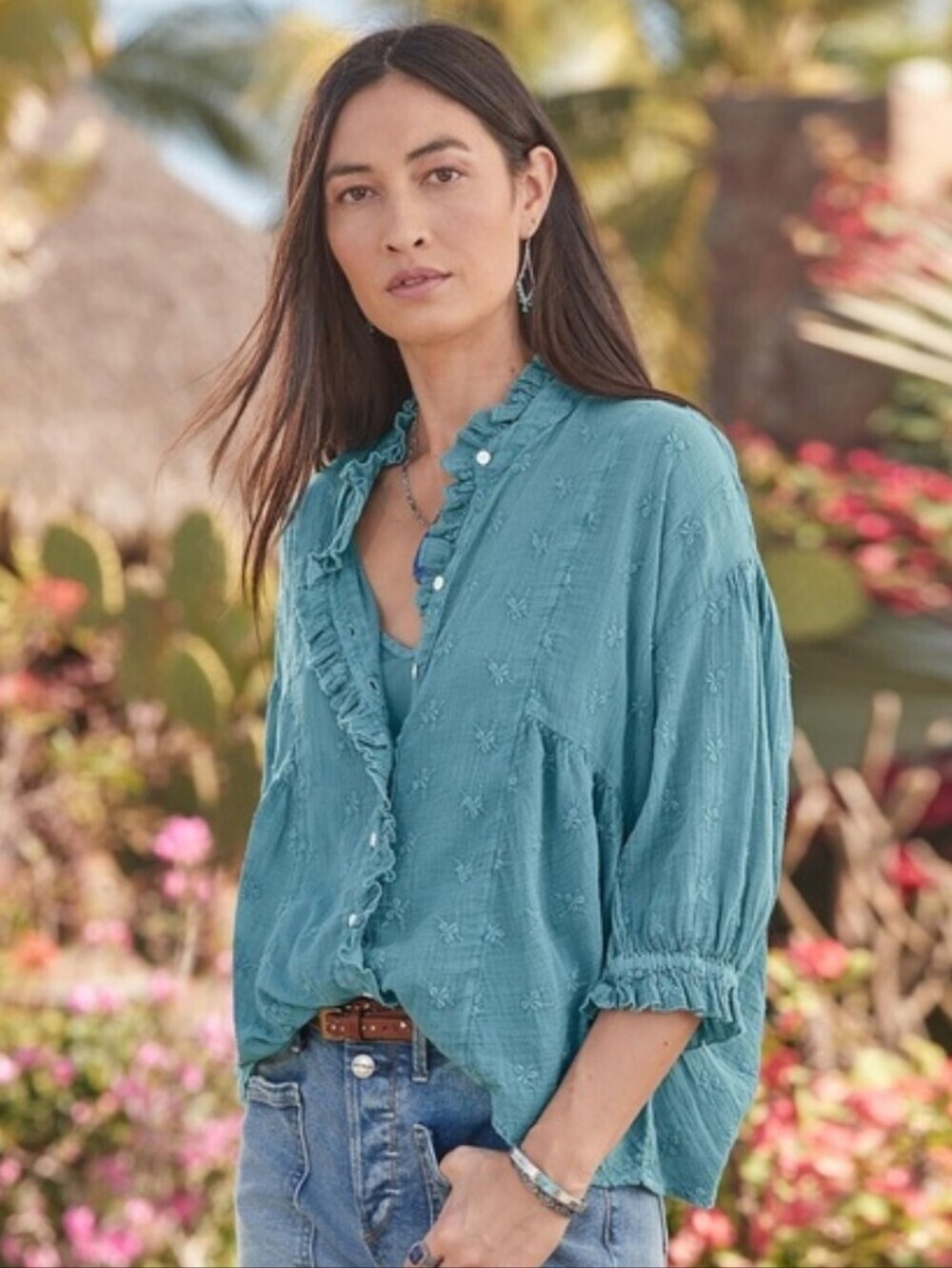 Sundance Shiloh Blouse Women Small Blue Cotton Gauze Embroidered Ruffle Peasant